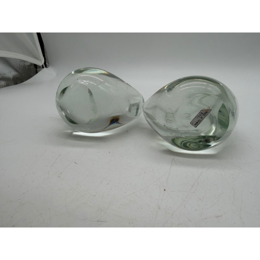 Vintage Hand Blown Glass Swan Figurines Clear Green Smoke Set of 2 Paperweights - Picture 10 of 11